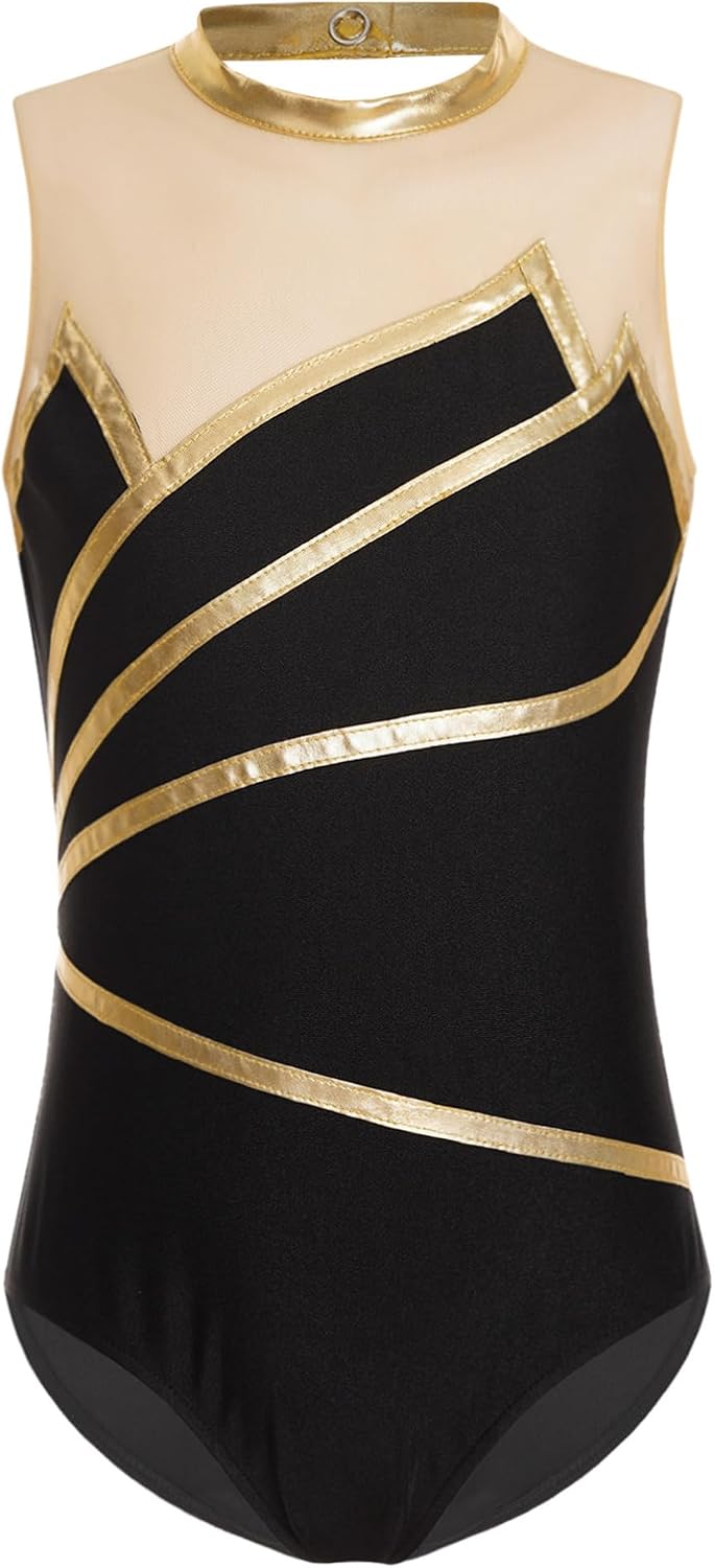 YiZYiF Kids Girls Sleeveless Ballet Dance Suit Metallic Ice Skating Performance Outfit Gymnastic Leotard with Shorts Set