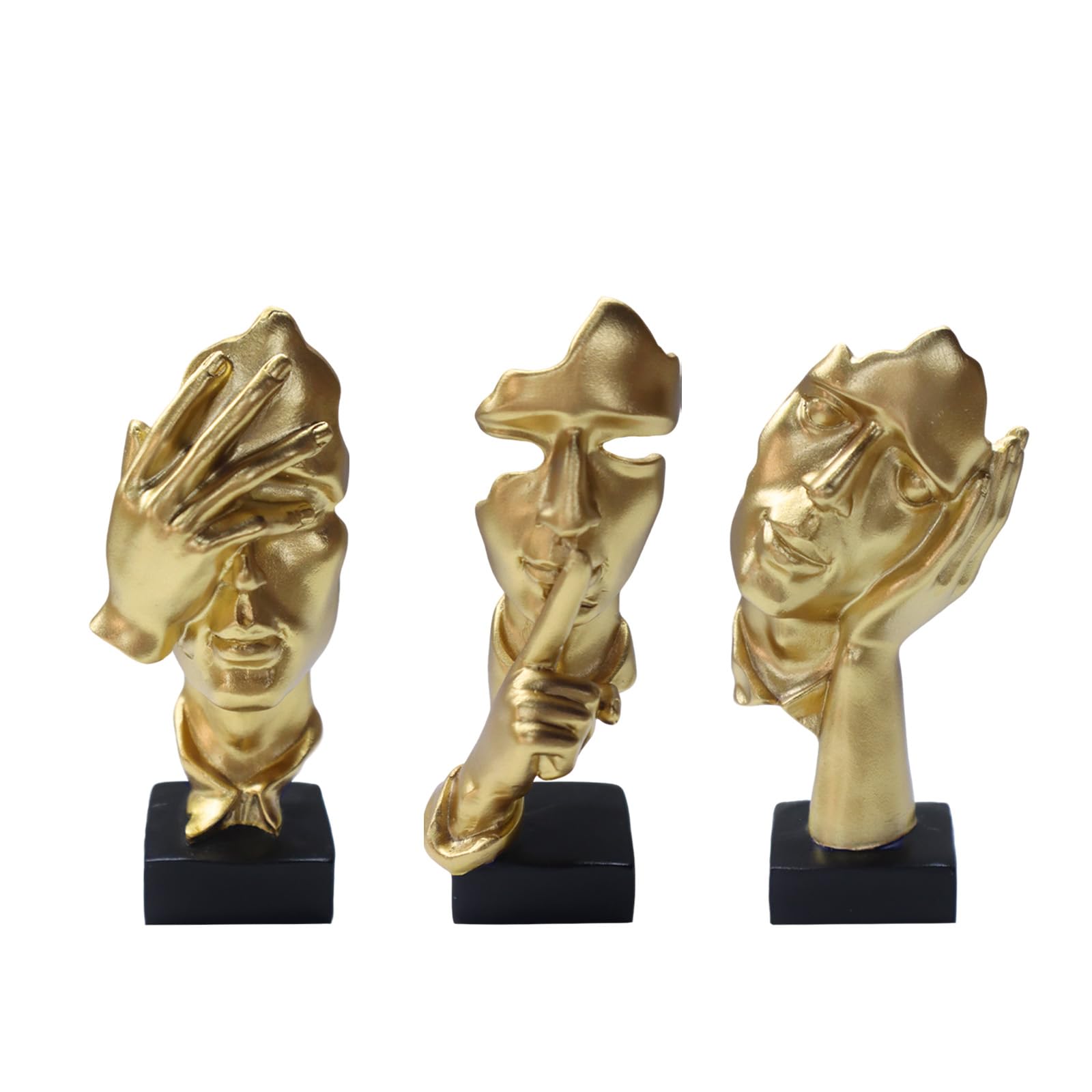 aboxoo 3 Pcs Thinker Statue, Silence is Gold Abstract Art Figurine, See No Evil Hear No Evil Speak No Evil Statues, Modern Resin Sculptures Decor for Living Room, Home, Office Study (Gold)