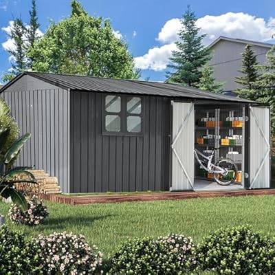 UBGO Extra Large Sheds 10ftx12ft,Outdoor Storage Sheds with Window,Tiny House,Metal Storage Shed with Design of Lockable Doors,Utility and Tool Storage for Garden,Backyard,Patio,Outside-Grey