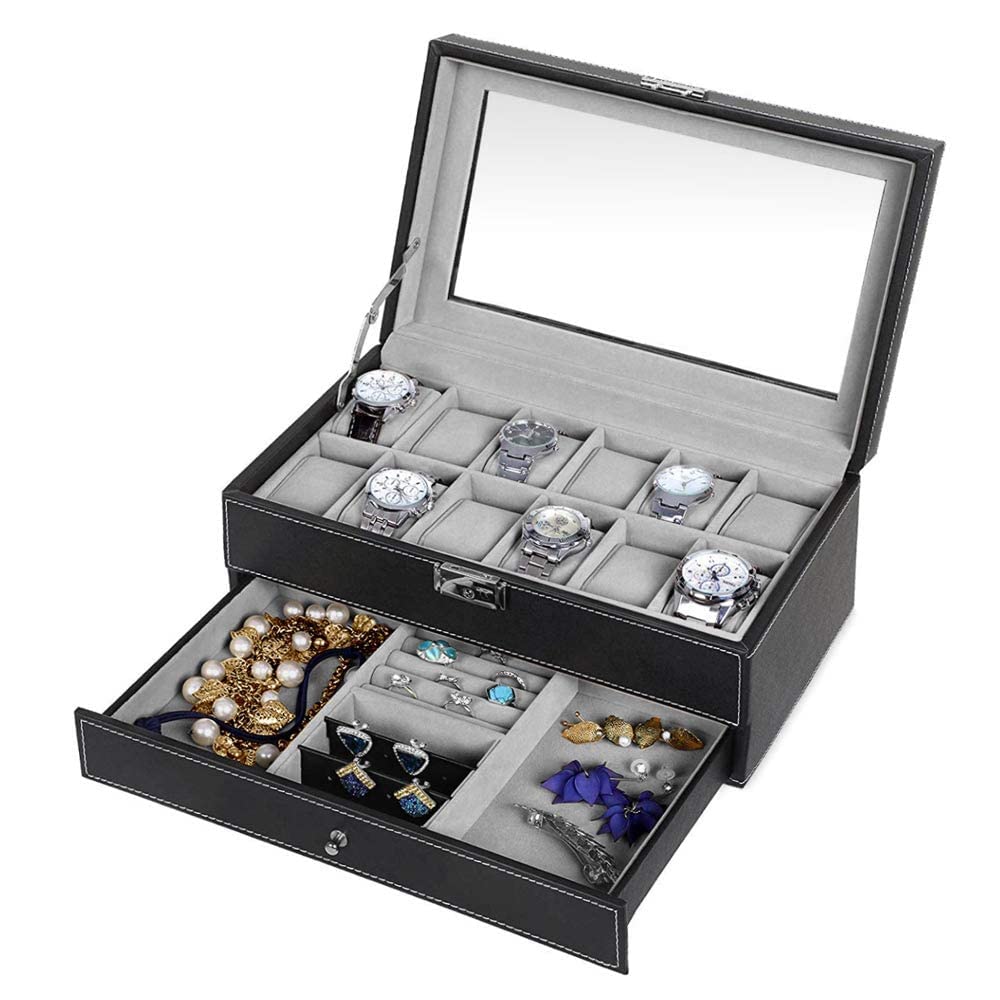 Maverton Cofanetto Porta Orologi e Gioielli con 12 scomparti e 1 cassetto - Custodia Orologi - Coperchio in vetro - Fodera in velluto - incisione personalizzata - regalo uomo - regalo di Natale - Vita