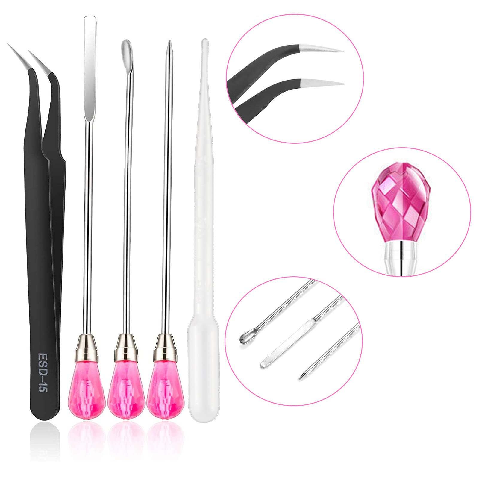 Juego de 11 herramientas de molde de resina de silicona, pinzas para hacer joyas, herramienta de cuchara de aguja agitadora, pinzas antiestáticas de acero inoxidable ESD, juego de precisión para
