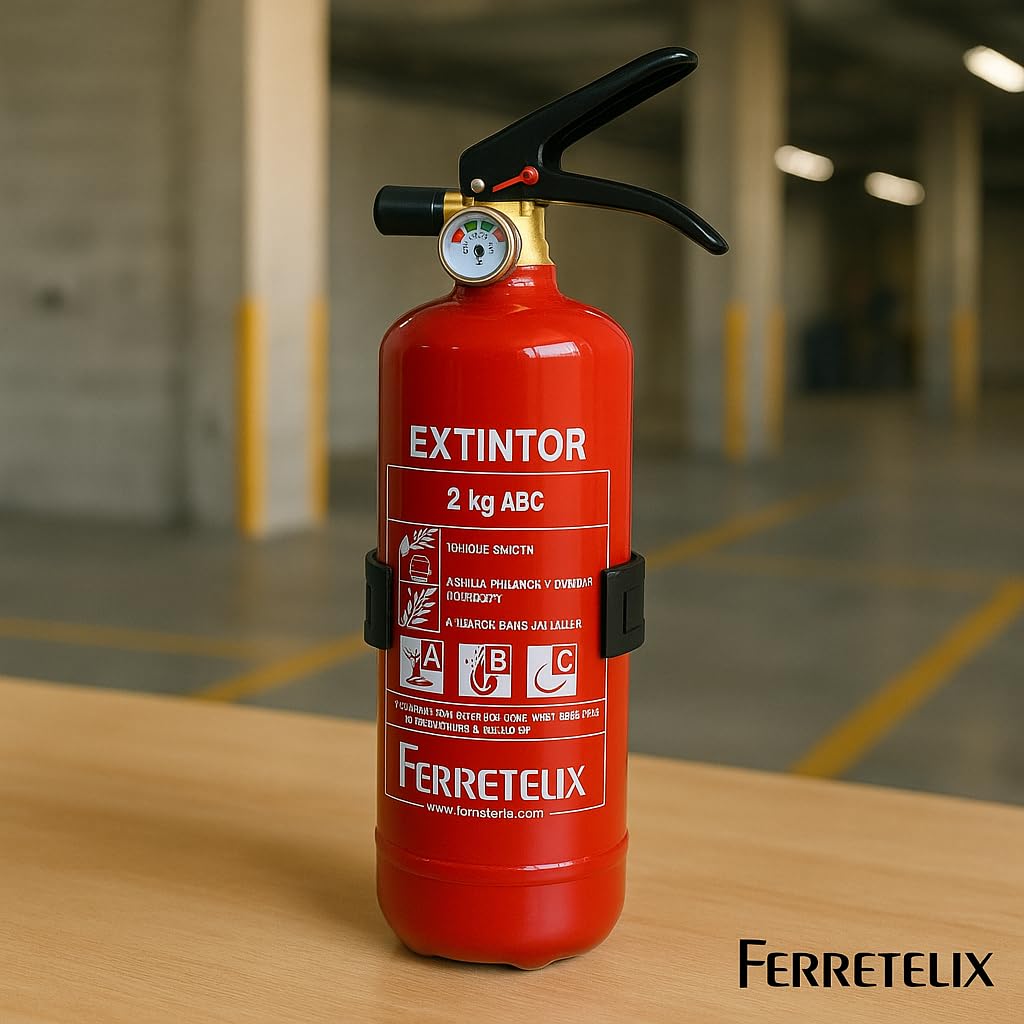 FERRETELIX® Extintor 2 Kg ABC (Eficacia 8A 34B C) + Soporte + Cartel Fotoluminiscente 21x30 cm – Homologado – Fabricado en España – Año 2026