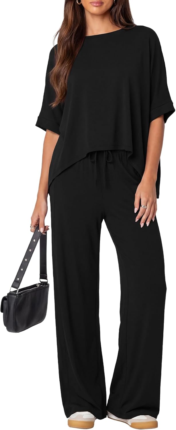 Darong Women's 2 Piece Outfits Matching Lounge Sets Short Sleeve Pullover Tops High Waisted Wide Leg Pants Tracksuit Sets