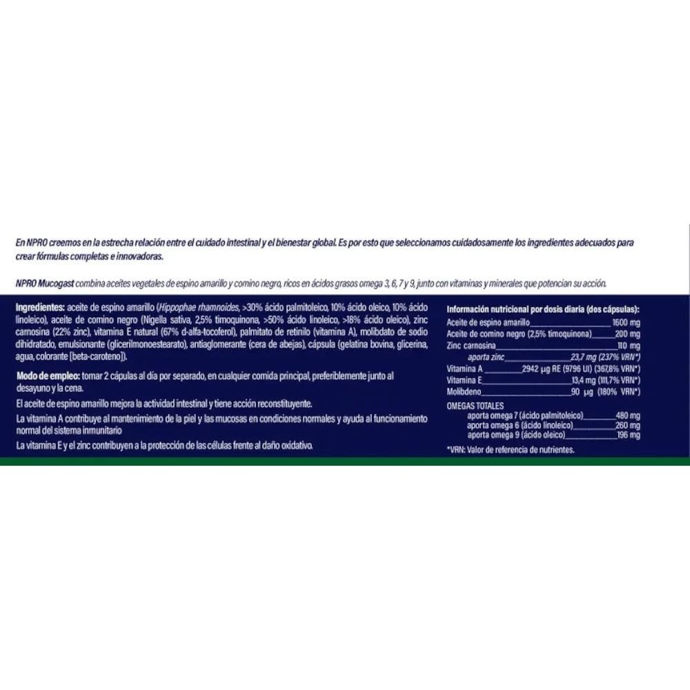 NPro SALUD INTESTINAL Mucogast 60 Perlas – Suplemento con Aceite de Espino Amarillo Omega 7, Comino Negro, Zinc y Carnosina – Protección y Cuidado de la Mucosa Gástrica