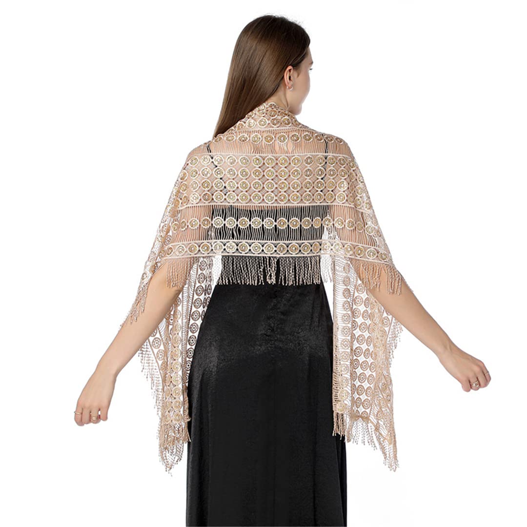 Sciarpa in pizzo e rete, Scialle da sera con nappa donna ricamo paillettes multicolore