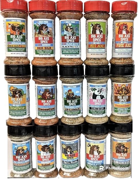 Big Axe Spice 15-Pack ENTIRE SLEUTH OF BEARS - MILD and HOT - Gift Seasonings: Salt Free, Sugar Free, Gluten Free, Vegan Vegetarian, Keto Paleo, Kosher Halal Friendly