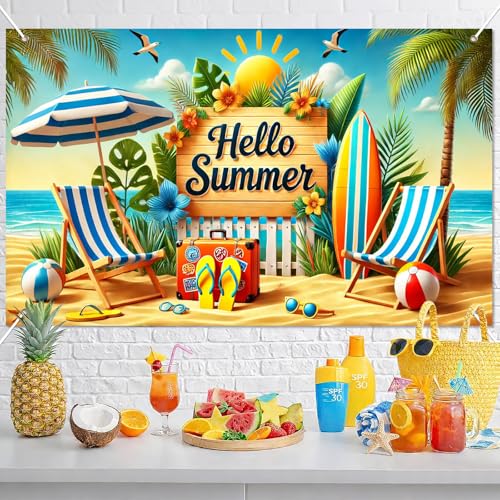 Image of BlissYard Hello Summer Banner 71 x 43 Inches Summer Party Decorations, Beach Theme Party Decorations Hawaiian Party Decorations, Aloha Banner for Luau Tiki Party Supplies, Beach Party Decorations
