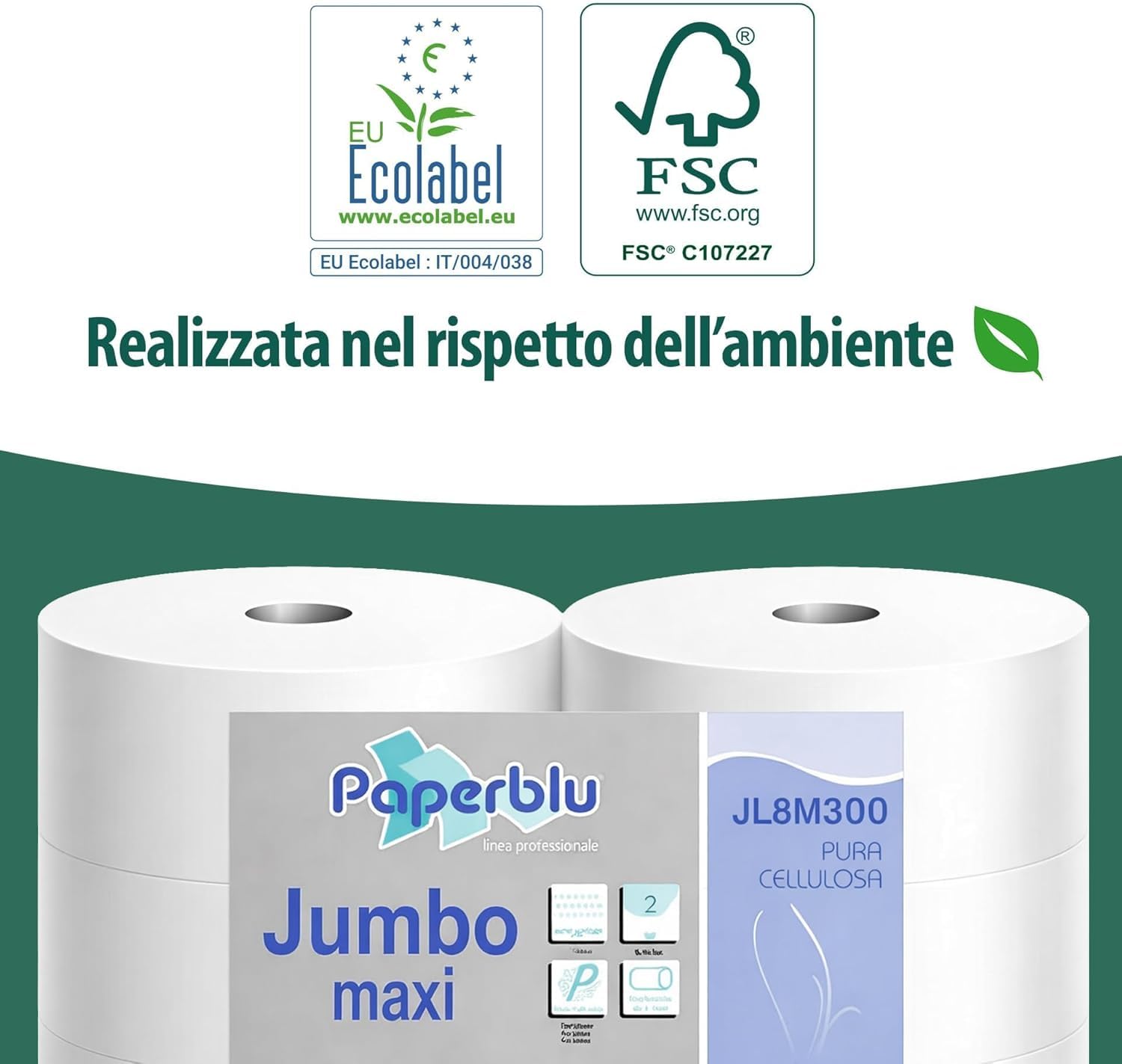 Carta Igienica Jumbo Maxi per Dispenser, 800 Strappi 2 Veli, 6 Rotoli in Pura Cellulosa, Rotoli Grandi Professionali per Bagno, Uffici e Studi Medici (Multipack 5 Confezioni da 6 Rotoli cad.)