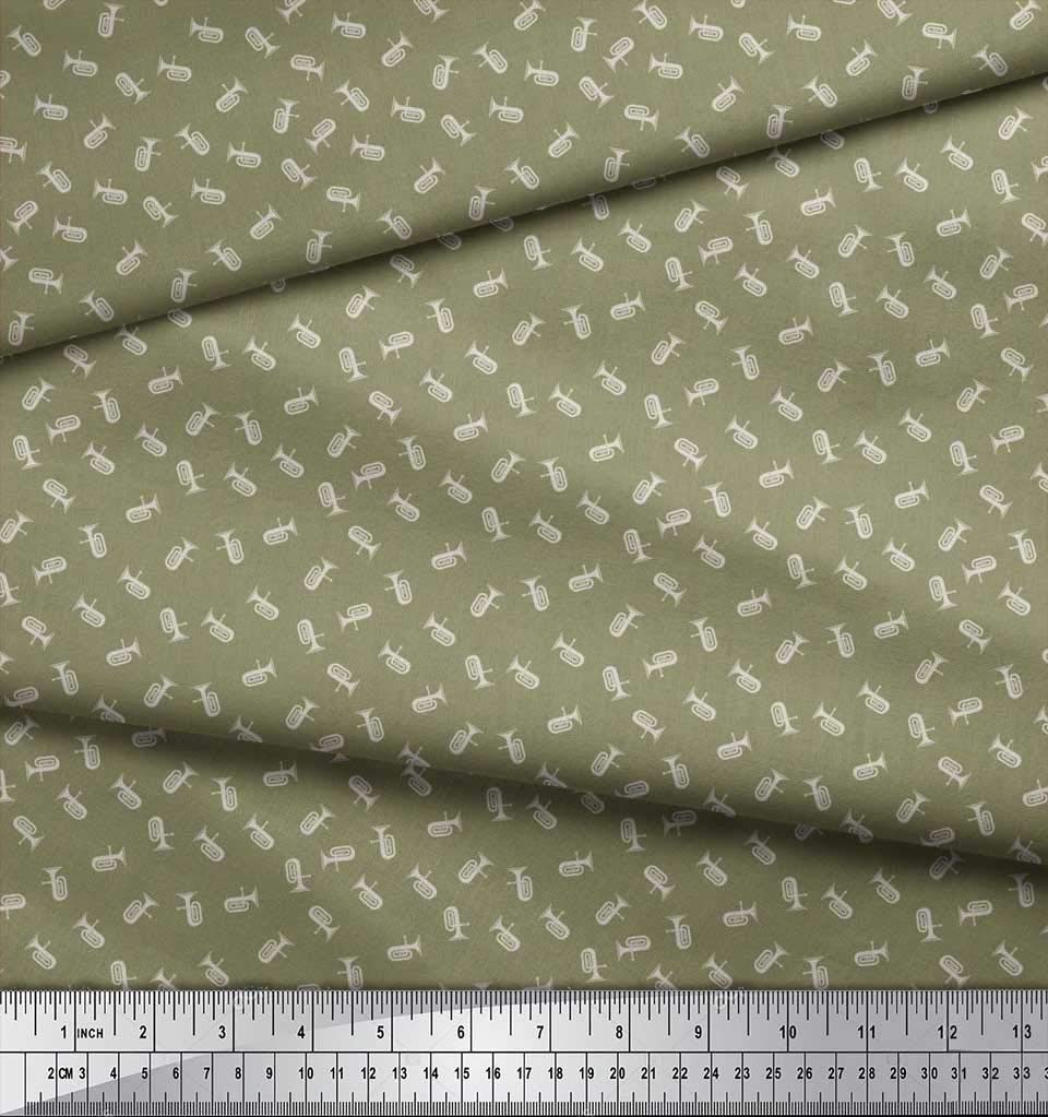 Soimoi Poly Georgette Green Fabric - by The Yard - 52 Inch Wide - Tuba Musical Instruments Shirting - Musical Harmony with Tuba Instrument Prints Printed Fabric