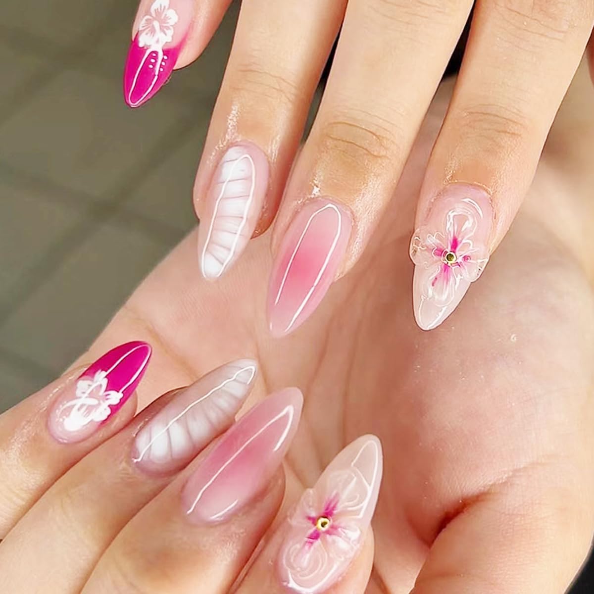 3D Press on Nails, Medium Almond Shaped Acrylic Fake Nails, Cute and Unique Decorative Shape, Suitable for Daily Leisure and Party Activities,
