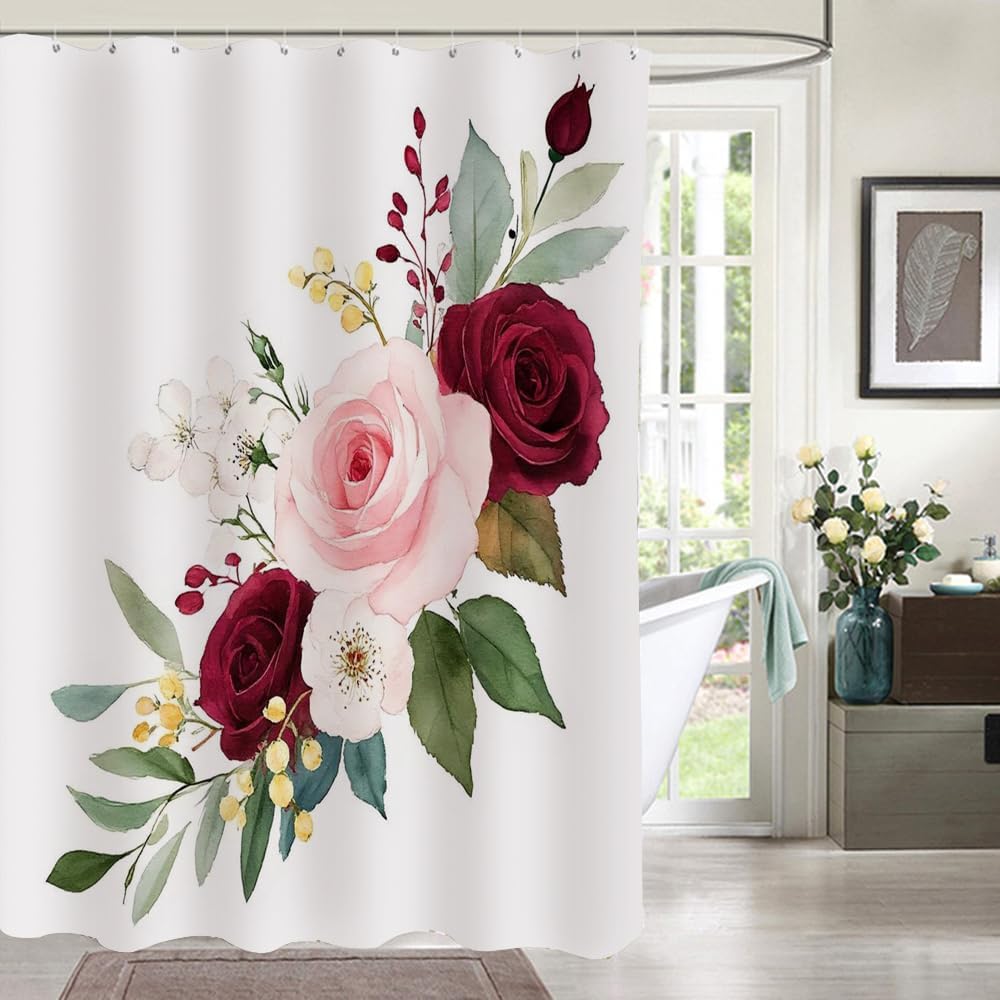 Moslion Burgundy Flowers Shower Curtain Leaf Buds Botanic Composition Wedding Romantic Valentine Funny Shower Curtain for Bathroom Decoration Polyester 72Wx72H Inch