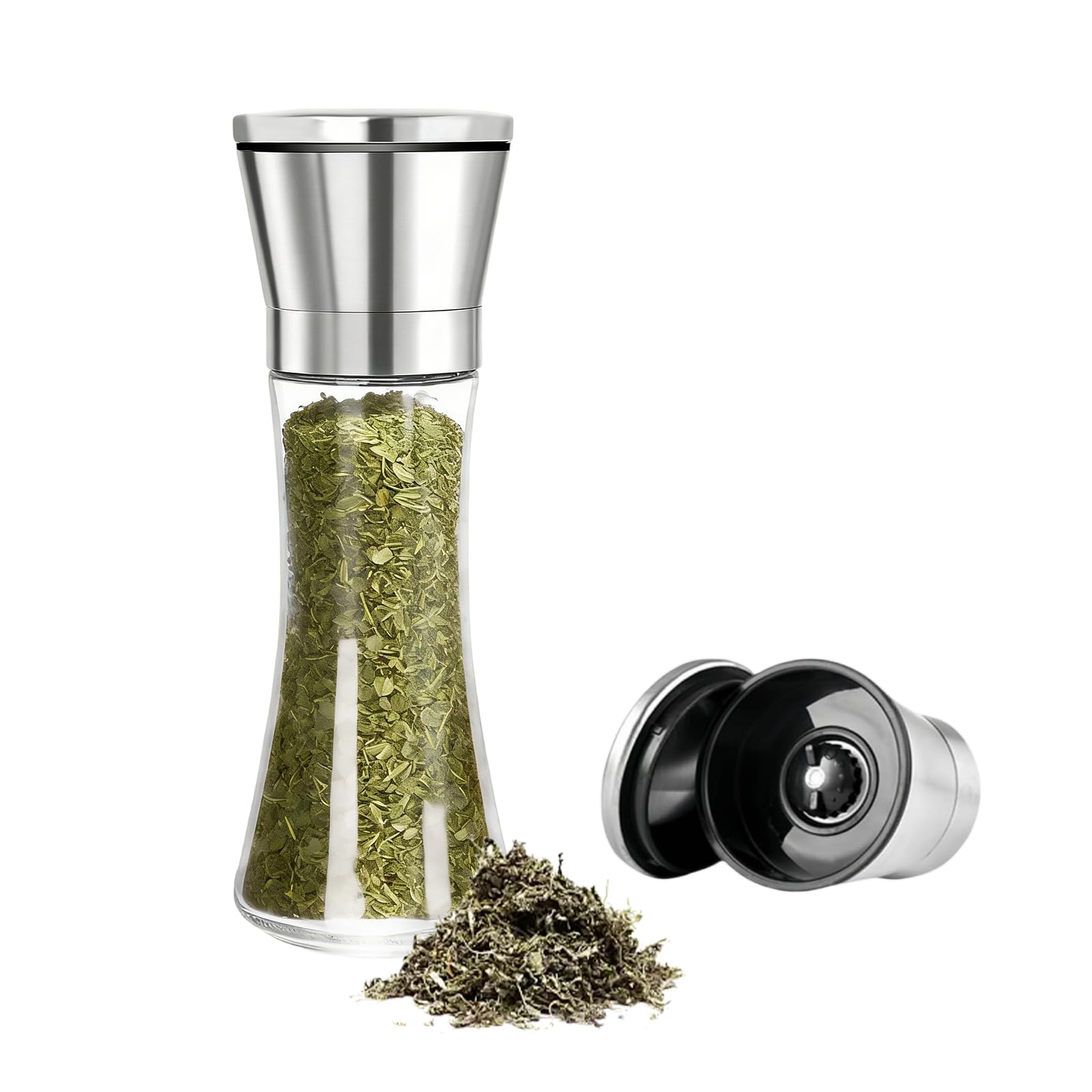 Salt and Pepper Grinder Set, Glass and Stainless Steel Refillable Salt & Peppercorn Shakers Adjustable Coarseness for Spices, Manual Salt Shaker (Spices Free) Easy to Use and Fill (1 - Pack)