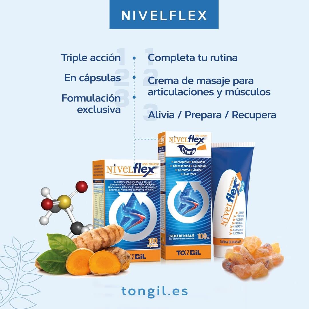 Glucosamina, Condroitina, MSM - 300 Cápsulas – Con Boswellia, Cúrcuma y Colágeno – Complejo Para Articulaciones, Cartílago y Huesos - +3 Meses de Suministro - Nivelflex 100 Cáps (Pack 3 Uds.) Tongil