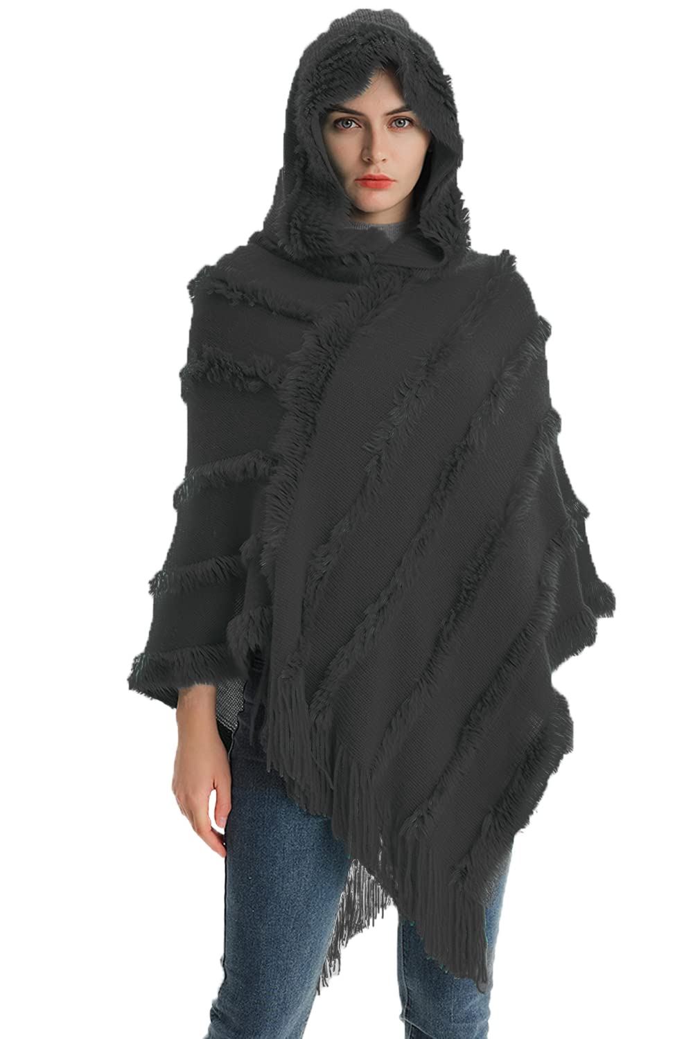 Elegante Maglione Poncho Donna Invernale Poncho con Cappuccio Mantella Scialle Uncinetto con Strisce di Peluche e Franges Scialle della Moda Monocromo Irregular Moda Giovane Top
