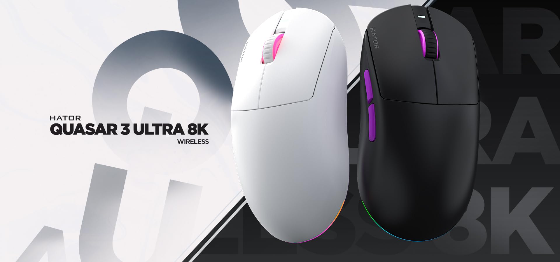 HATOR Quasar 3 Ultra 8K Wireless Ratón Gaming inalámbrico, 65g Ultraligero, PixArt PAW3950, 30000 dpi, Optical Switches 100M, 8000Hz, 2.4GHz/Bluetooth 5.4/USB-C, PTFE Skates, RGB, PC/Mac (Negro)