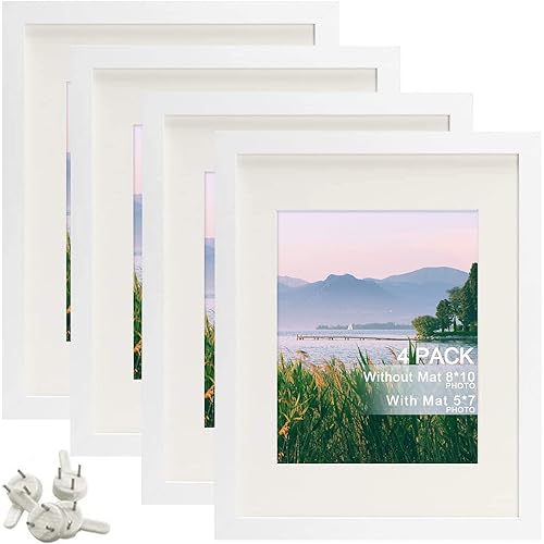 BOANKODU 8x10 Photo Frame 4-Piece Set Made of HD Plastic Glass and White Wood Frame, Multi 8 x 10 Photo Frame for Wall or Desktop Display, White