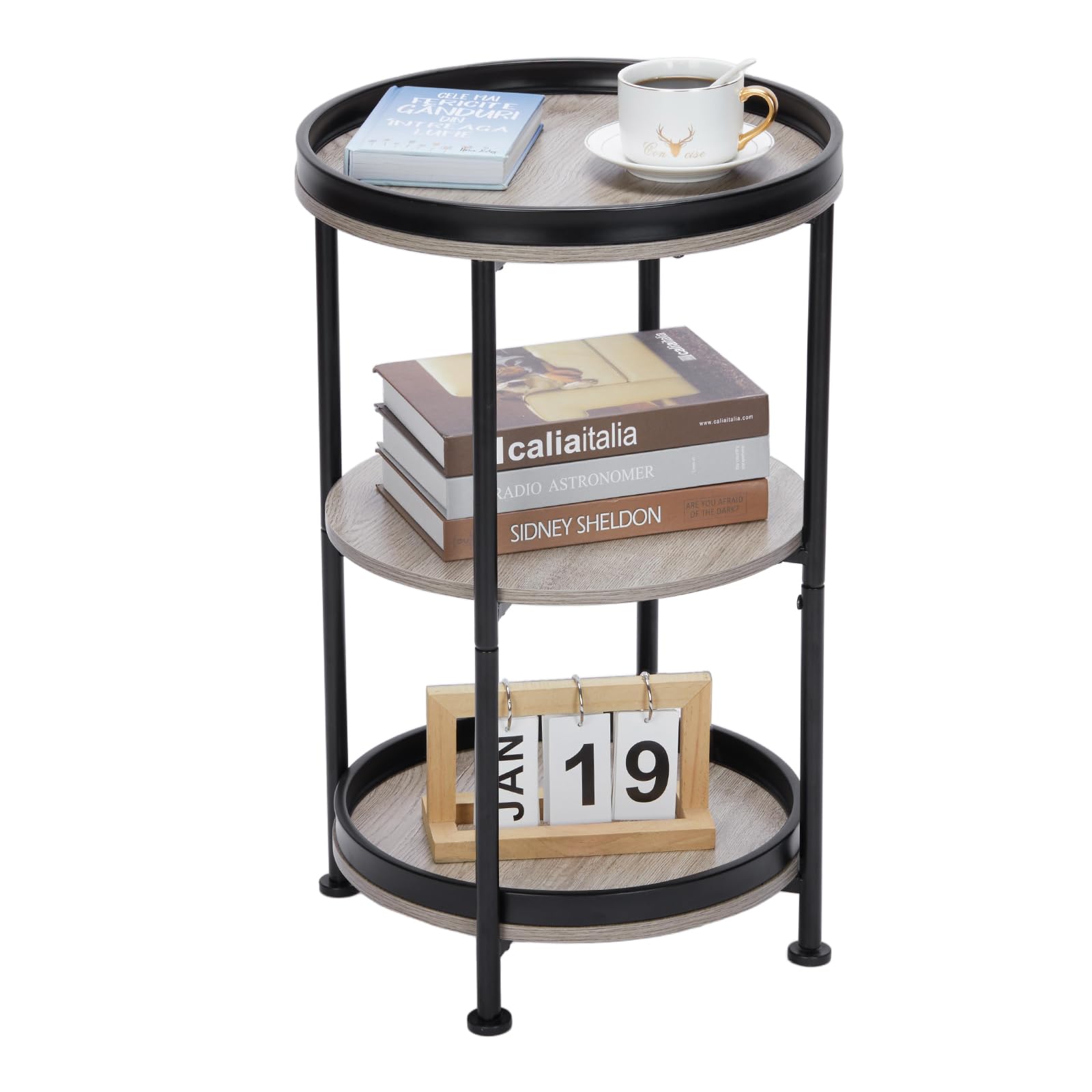YEAKOO Industrial Nordic End Table, 3-Tier Round Side Table with Storage Shelf Edge Protection Tray, Sturdy Metal Frame Coffee Table Bedside Table for Living Room Bedroom Small Spaces/Oak