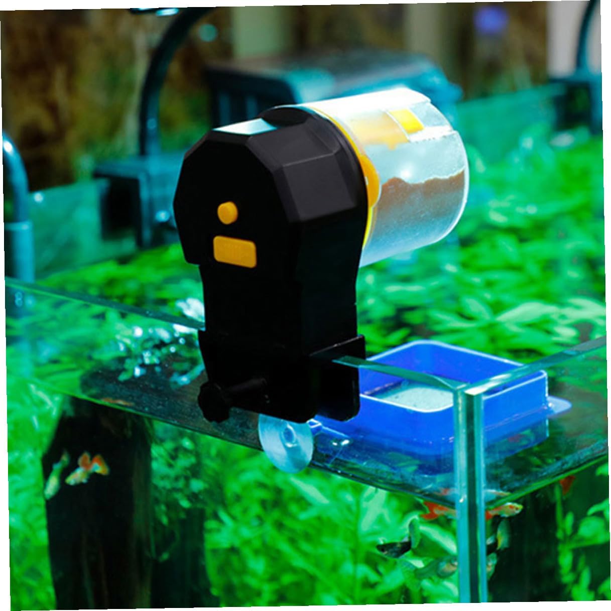 Automatic Fish Feeder and Turtle Feeder Adjustable Timer with Large-Capacity Feeding Tank for Aquarium Vacation Use, Yellow, Battery Not Included