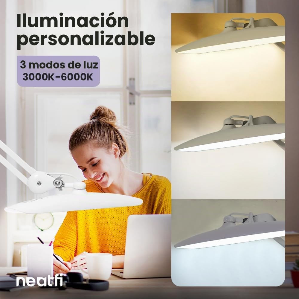 Neatfi XL Lámpara LED de Escritorio | 2.200 Lúmenes | 20W | Temperatura de Color Ajustable | Luz Regulable de 4 Niveles | Oficina en Casa | Cabezal Ancho de 51 cm (Blanco, CCT con Abrazadera)