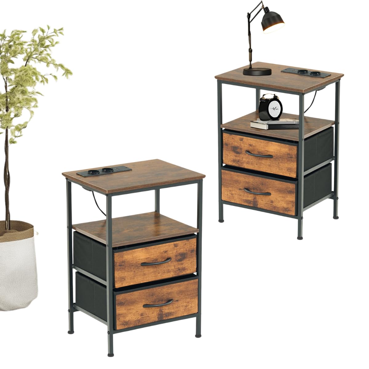 FurnitureR 2PCS Guéridons de Salon, Table D'appoint avec Multi-Coloured LED, 2 AC Sockets, 2 USB Ports of Drawers, 2 Tiroirs en Tissu, Style Industriel Rétro Marron, 40 x 30 x 60cm