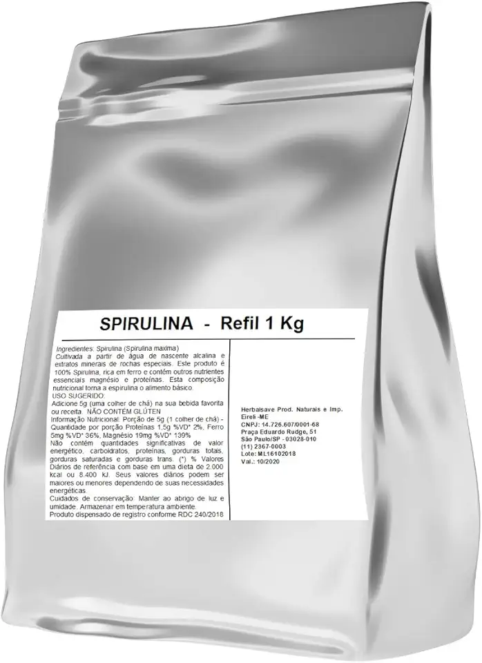 Spirulina em Pó 1kg, Refil, Vegano, Espirulina Verde Maxima, 100% Pura, Suplemento Alimentar Natural