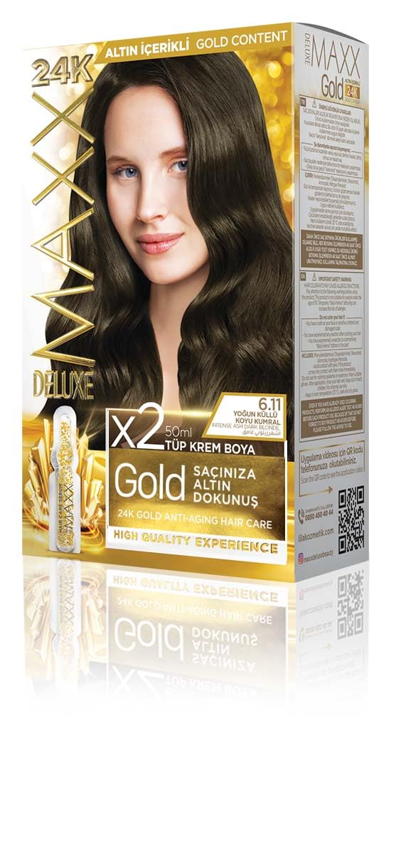 MAXX DELUXE Gold serisi 24K Altın Parçacıklı Serum ile 1 Kutu 2 x 50 ml ve Geliştiriciler Saç Boyası (YOĞUN KÜLLÜ KOYU KUMRAL 6.11)