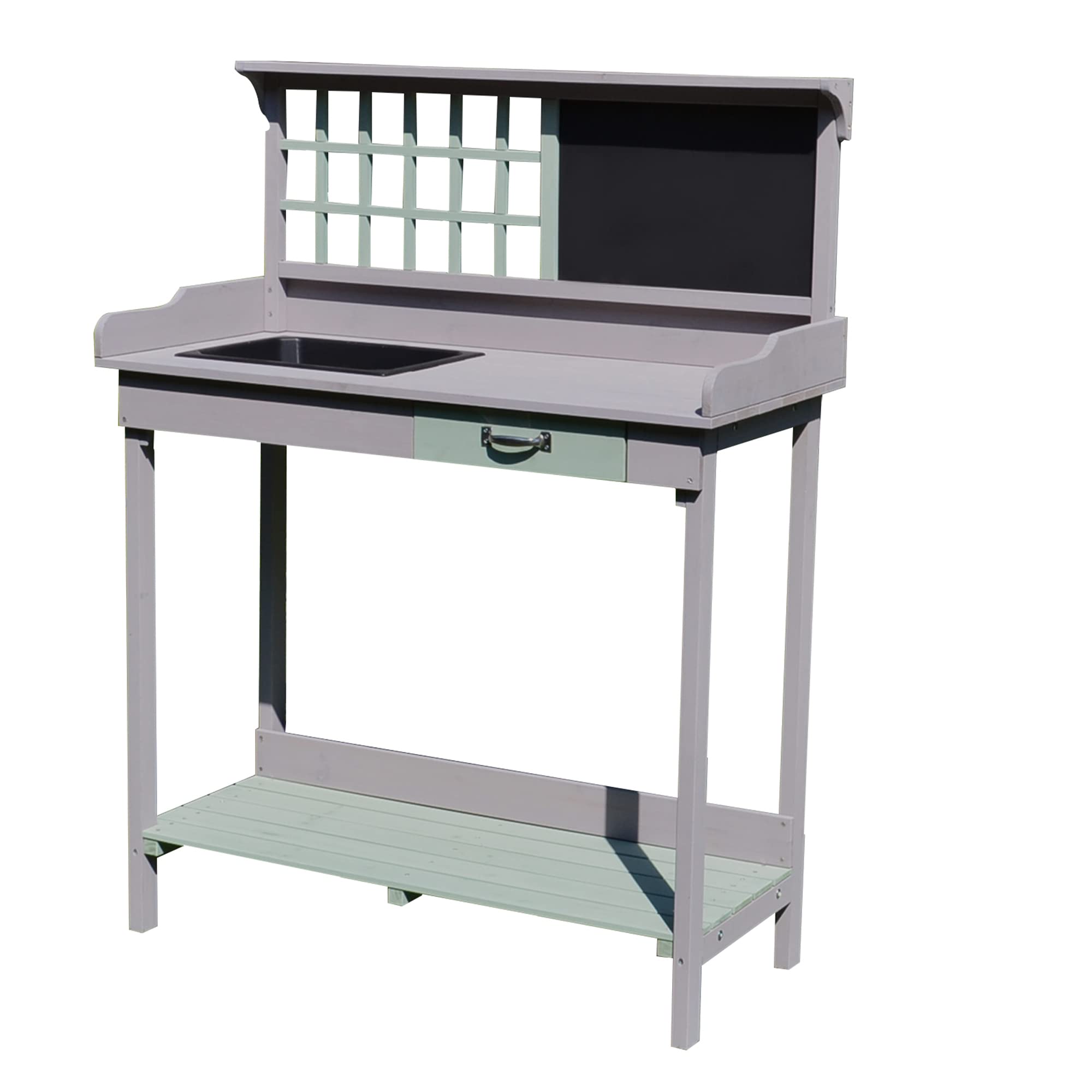 Outsunny - Mesa de jardinería con cajón, estante, fregadero 92 x 42,5 x 119,5 cm. Mesa de plantación de madera maciza, pino pre-aceitado, gris, verde menta