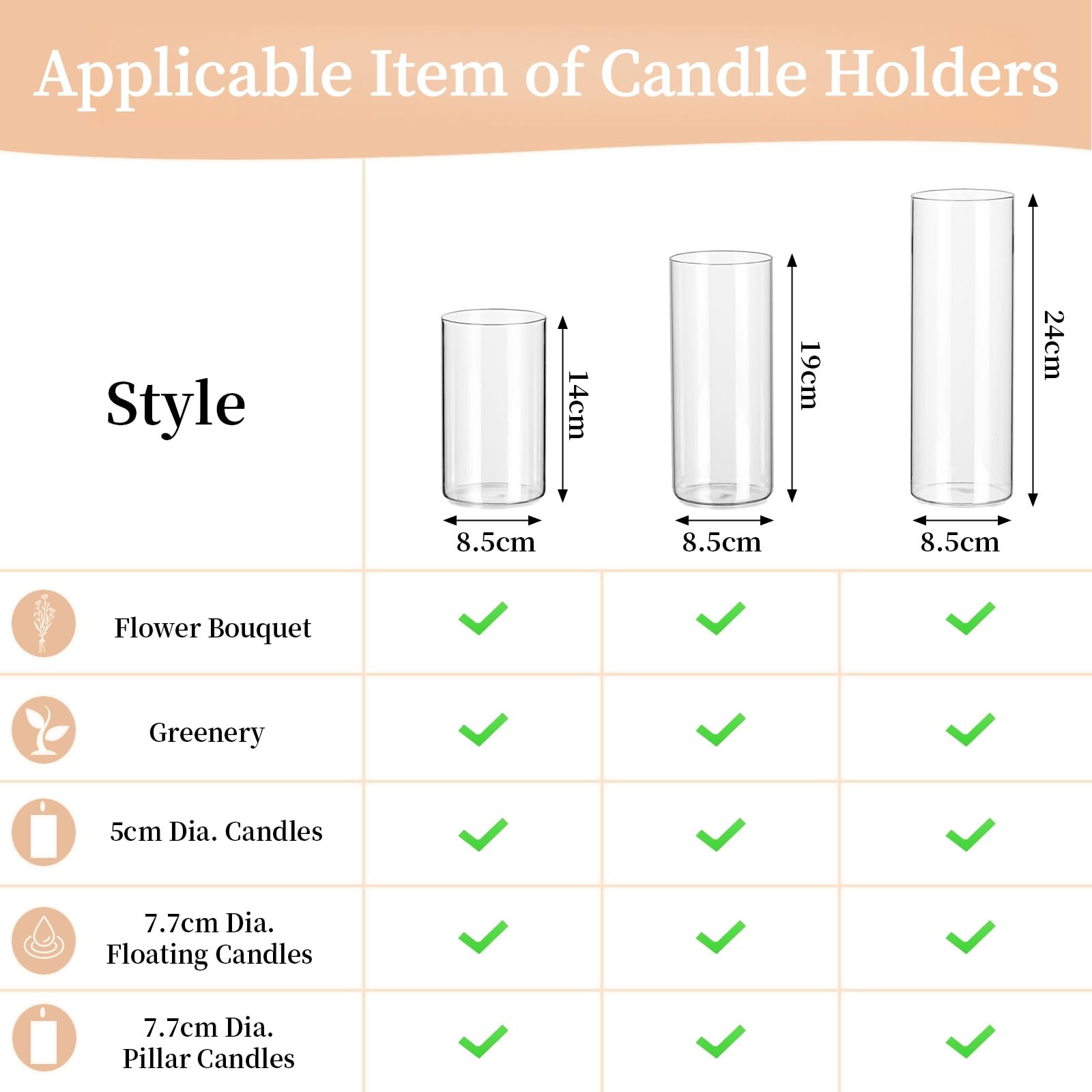 Glasseam Porte - Bougie en Verre pour Bougie Colonne Hurricane Porte - Bougie 6 pour Bougie Flottante Oath Tea Light Grand Porte - Bougie pour Décoration De Table Vase Cylindrique pour Pampas