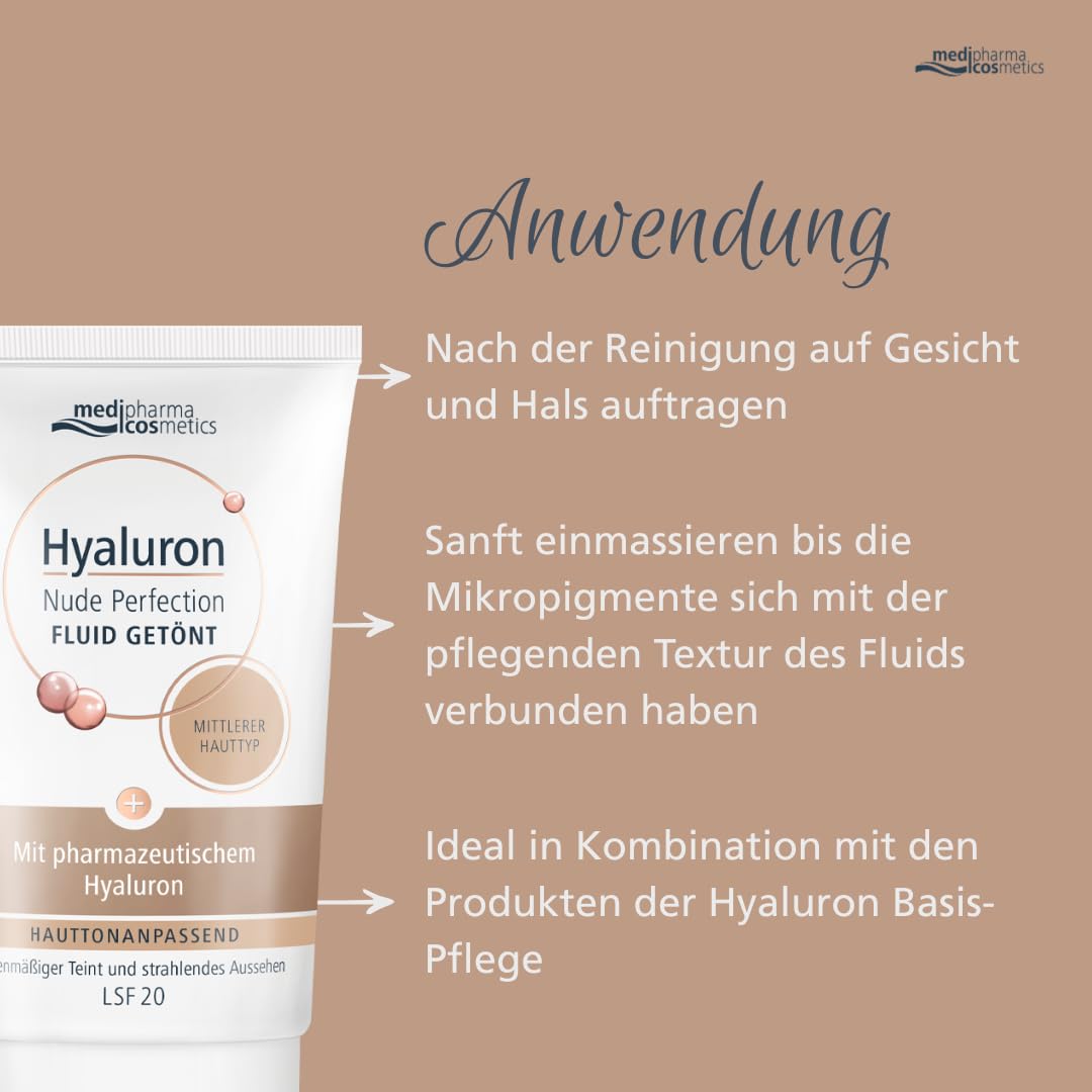 Hyaluron Nude Perfection hell - Tagespflege mit hauttonanpassender Technologie - mit Hyaluron & Vitamin A - LSF 20 - medipharma cosmetics - 50 ml (Packung mit 2)
