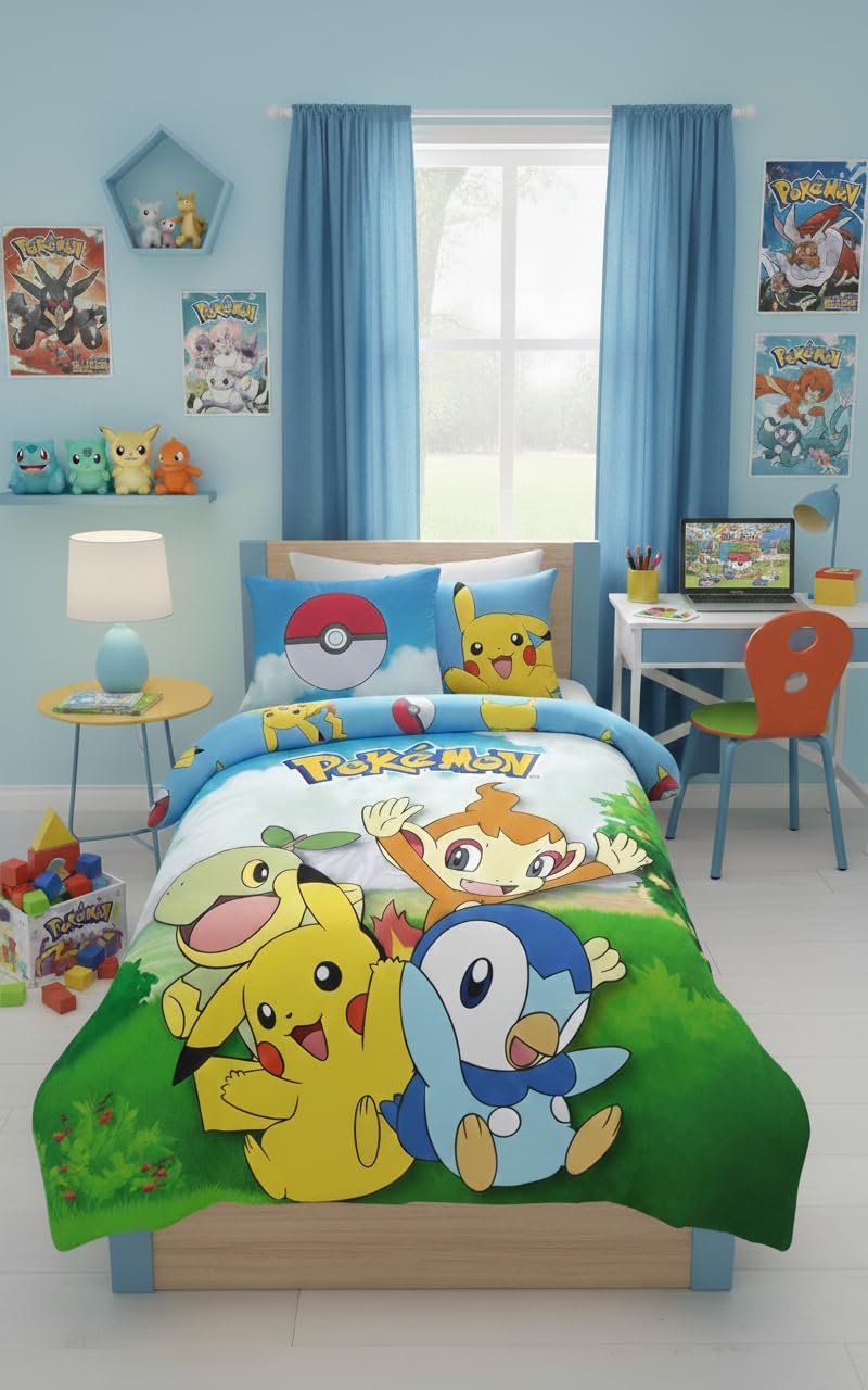 Halantex Pokemon Reversible Bedding Set, 100% Cotton, Duvet Cover 140 x 200 cm + Pillowcase, with Tiplouf, Pikachu, Ouisticram and Tortipouss