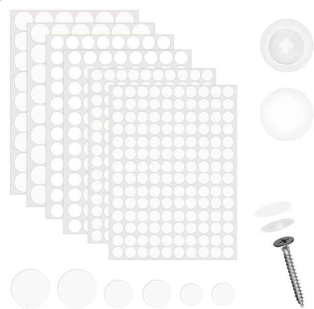 580 Pcs Self-Adhesive Screw Hole Stickers and 120 Pcs Self Tapping Plastic Screw Covers Caps, 3 Size Screw Hole Caps Dustproof Sticker for Wood Screw, Furniture Accessories (White)