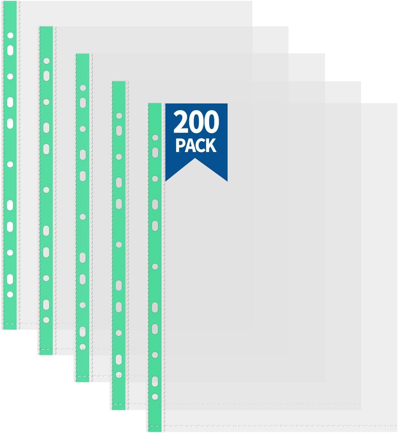 Atoke 200 pcs Plastic Wallets A4 Punched Pockets,60 Micron Thick Clear Binder Pocket Paper File Letter Sheet Protector Binder Sleeves, Plastic Poly Pockets Binder Pouch Document Filing Bags,Green