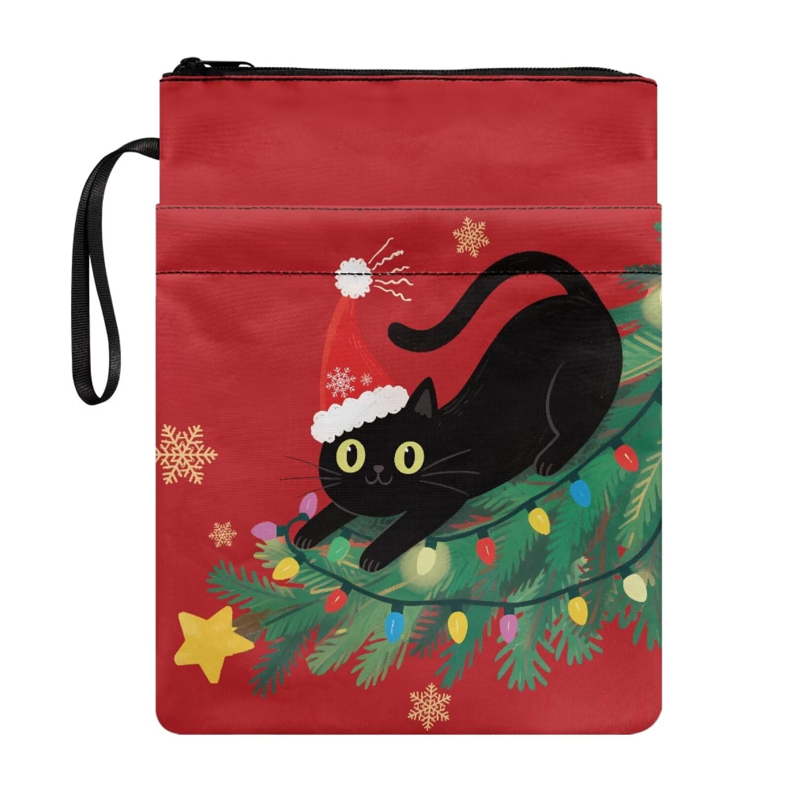 Poceacles Black Cat Christmas Tree Snowflake Red Book Sleeve Pouch with Extra Pockets and Zipper, Protective Paperback Hardcover Book Covers, Reading Accessories โ image 1