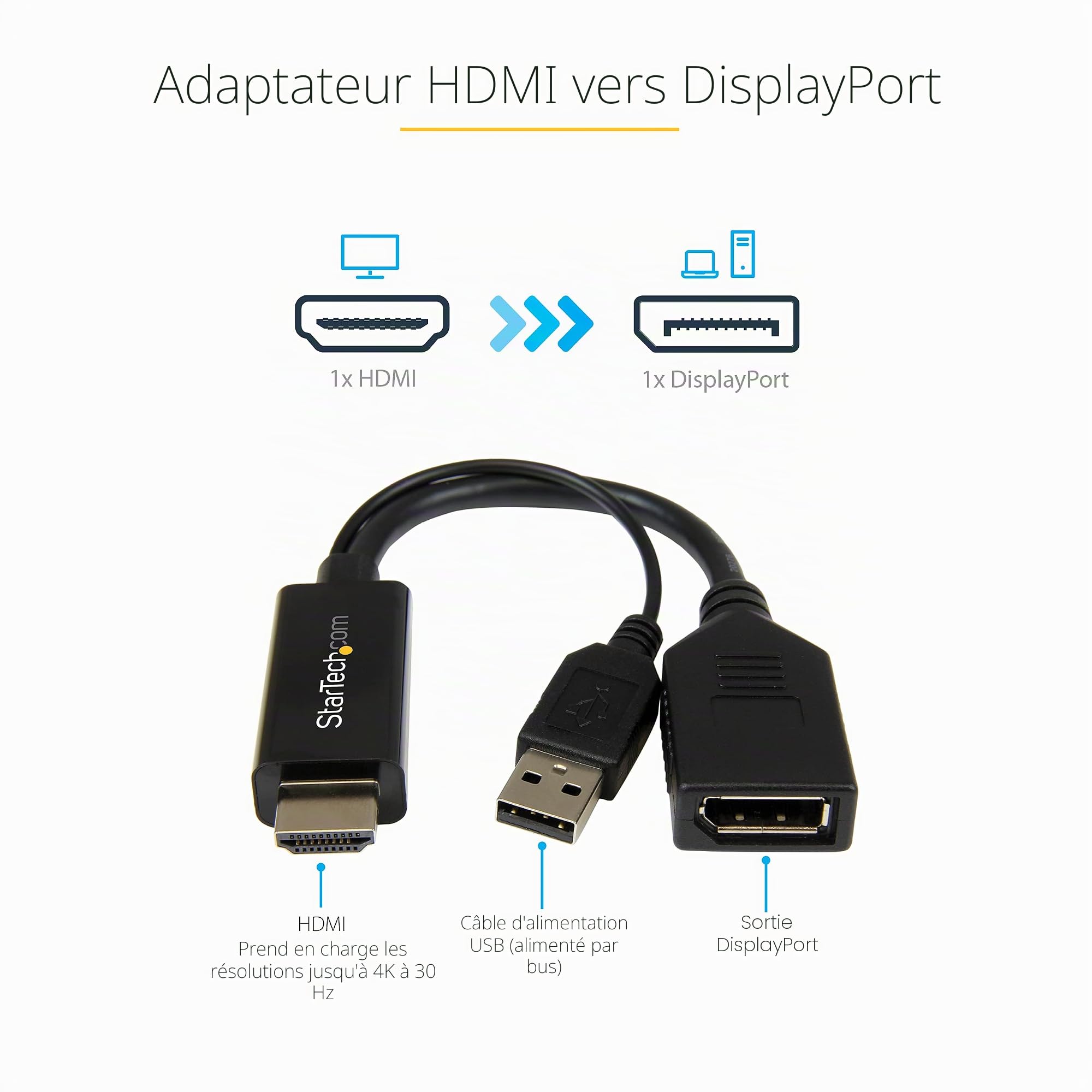 StarTech Adaptateur Actif HDMI 1.4 vers DP 1.2 de 15,2cm, 4K 30Hz