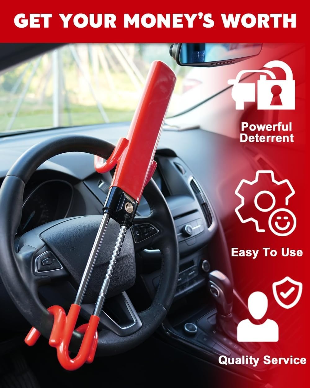 Canne Antivol Voiture Bloque Volant, pour Rimac Nevera, Serrure Haute Sécurité, Robuste, Ajustement Universel, 3 Clés,B-Red