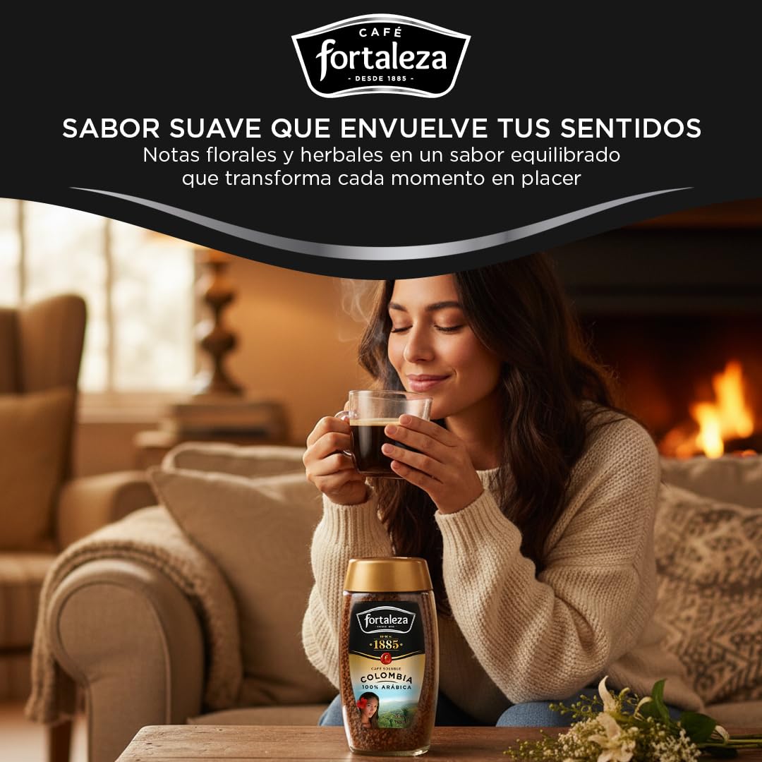 CAFÉ FORTALEZA Café Soluble 100% Arábica de Colombia Pack 100g x 6 (Total 600g) - Café Instantáneo Suave con Matices Florales y Herbales - Café Soluble de Tueste Natural para Despertar tu Día