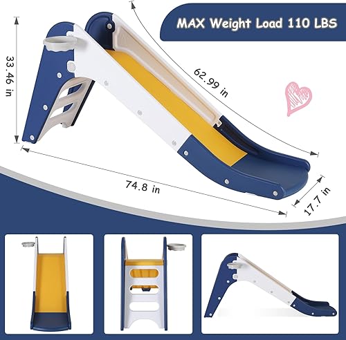 Miniatura 2 de MAMIZO Juego de tobogán 3 en 1 para niños pequeños, juego de escalador de tobogán extra largo con aro de baloncesto y pelota, peldaños