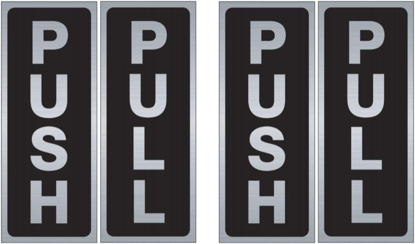 2 Sets of Vertical Push & Pull "Premium Quality" Decal Stickers (2 Push + 2 Pull) - Black UV Ink Screen Printed on Brushed Chrome Polyester with The Adhesive on The Back Side - 2" Wide x 5" Tall