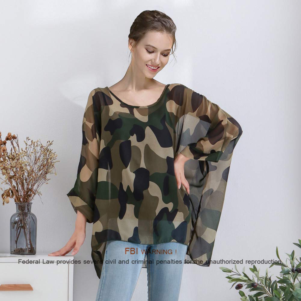 Damska luźna bluzka nietoperz szyfonowy top kamuflaż nadruk kimono poncho tunika kaftan okrycie