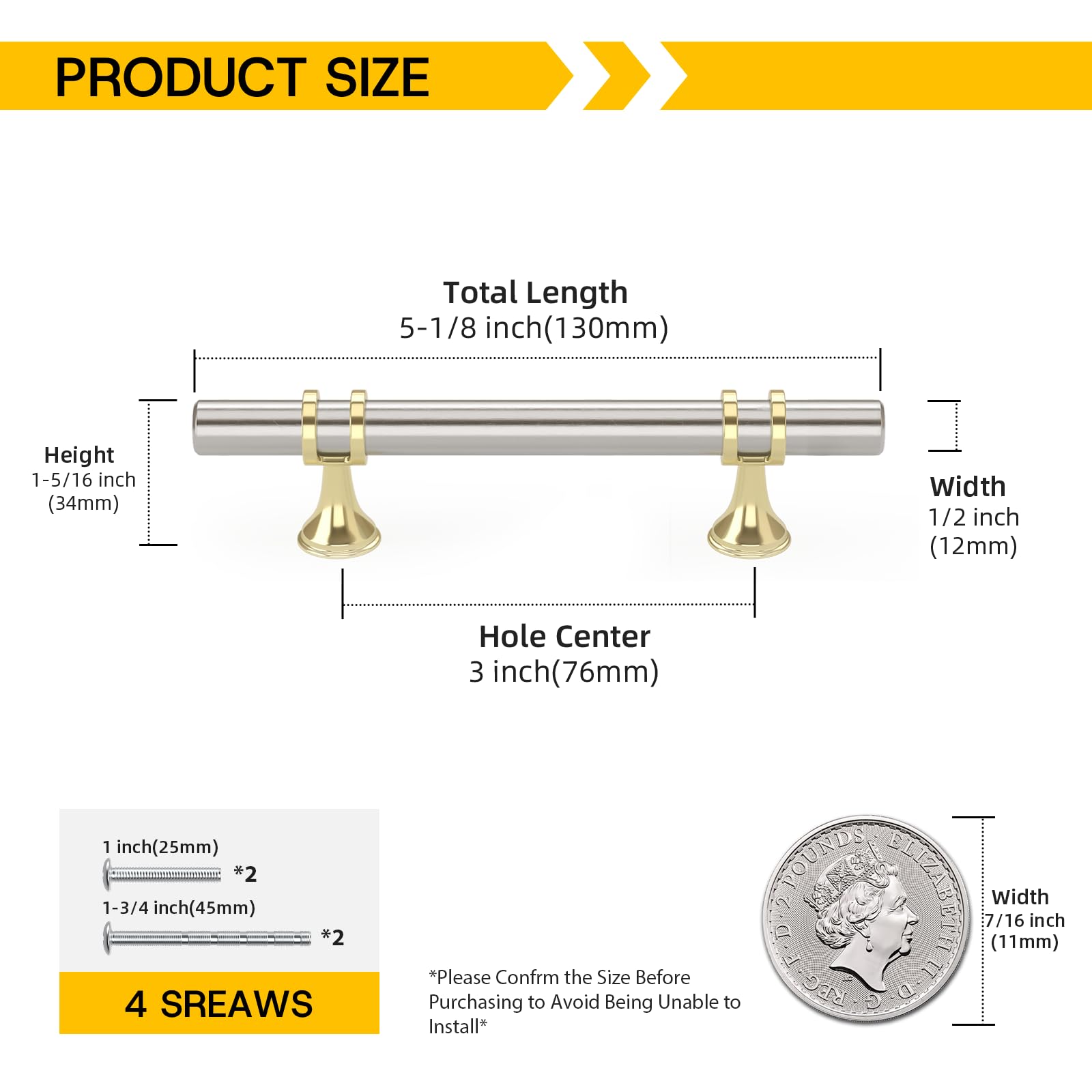 Rergy 10 Pack 3 Inch Hole Center Brushed Nickel and Gold Cabinet Pulls — Amazon image 2