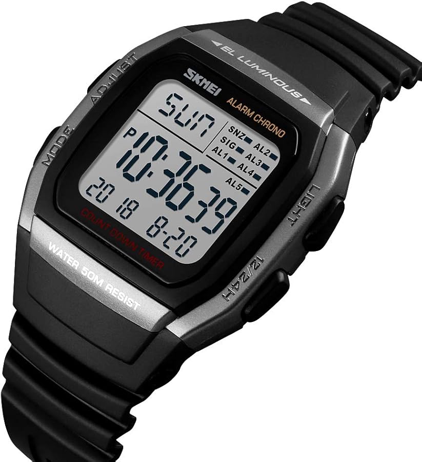 SKMEI Orologio sportivo digitale impermeabile da uomo, impermeabile fino a 50 m, doppio fuso orario, cronometro, sveglia, retroilluminazione a LED, formato 12/24 ore, cinturino in poliuretano