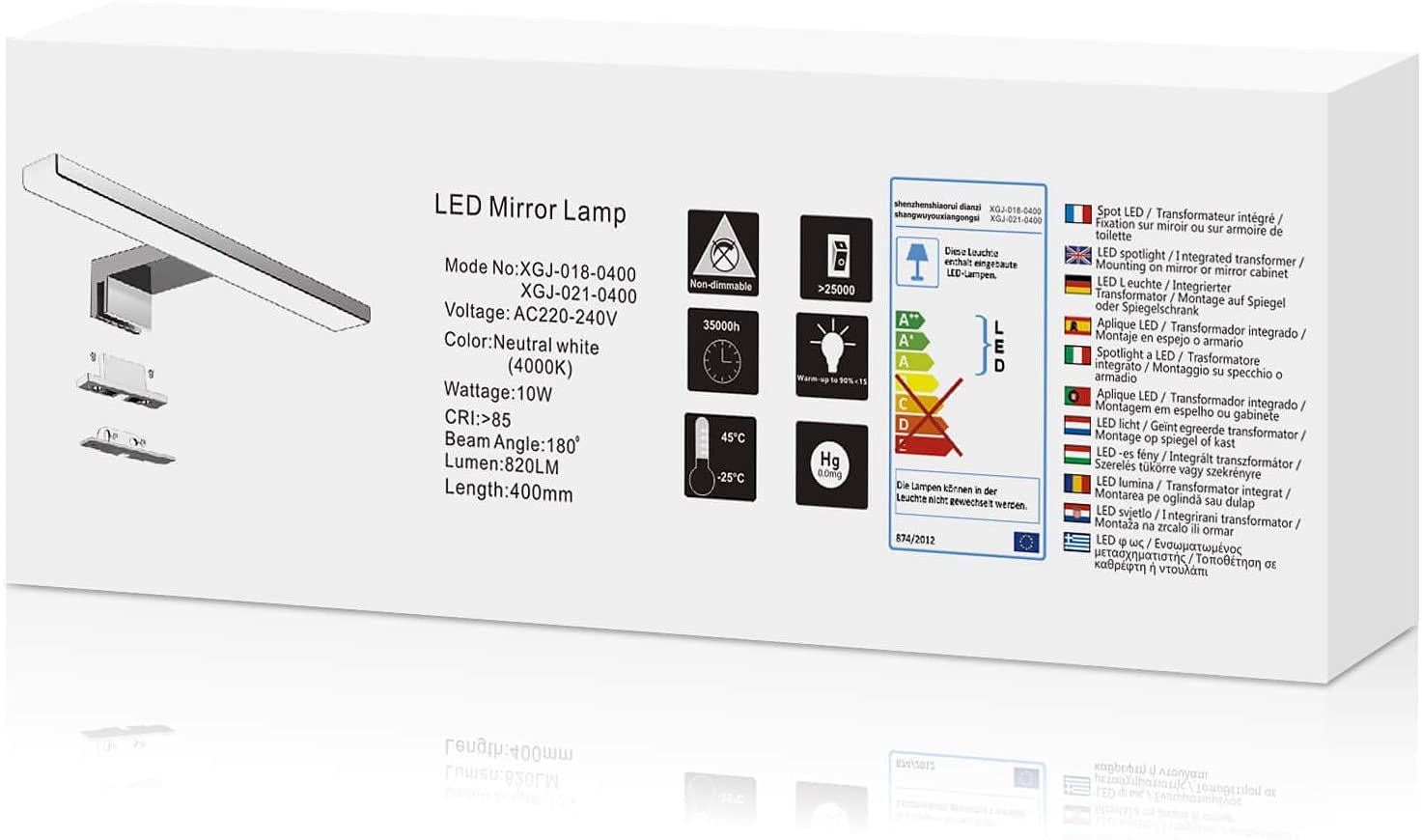 Lámpara LED de Espejo 10W 820LM Lámpara de Baño, Blanco Neutro 4000K Lámpara LED de Pared Luz de Gabinete IP44 230V Luz de Espejo de Baño de 40cm