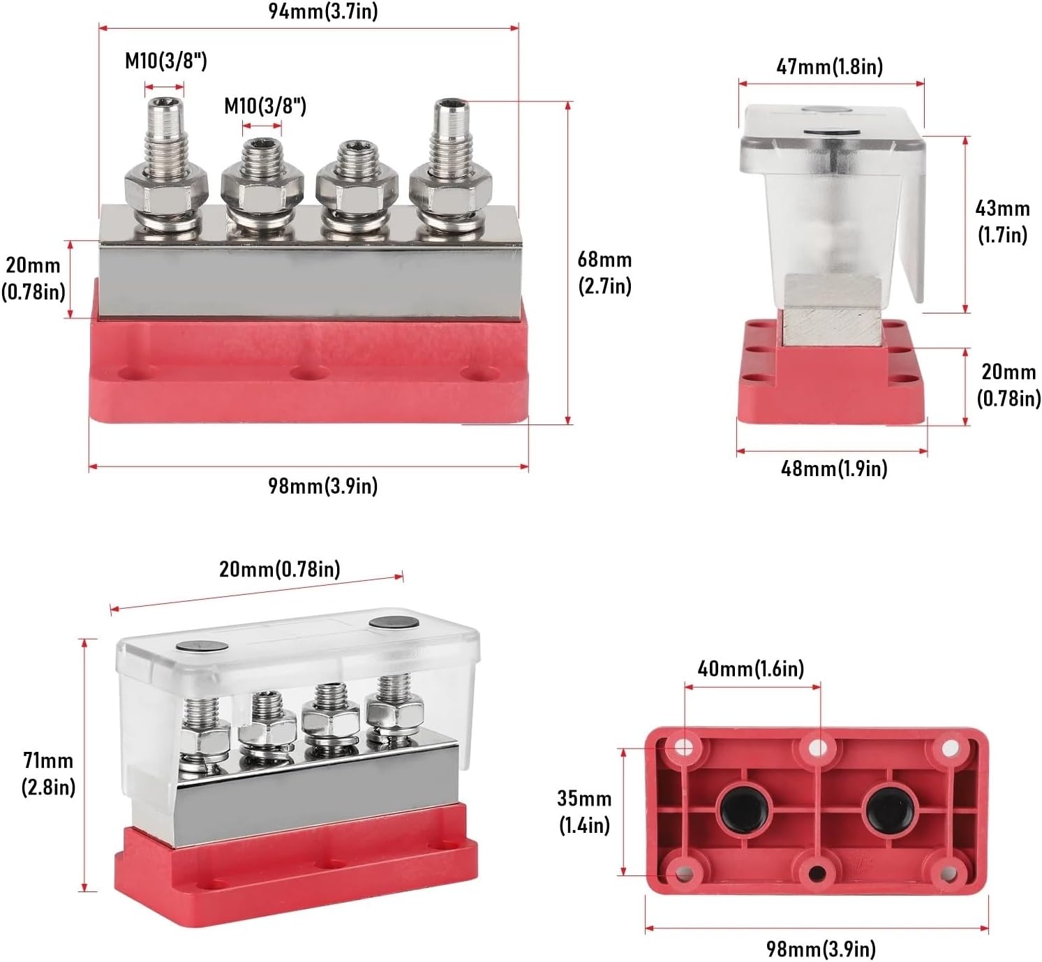 12-48V 600A M10 Marine Bus Bar Heavy Duty Power Distribution Terminal Block with Waterproof Cover Black & Red for Truck(1 Red)