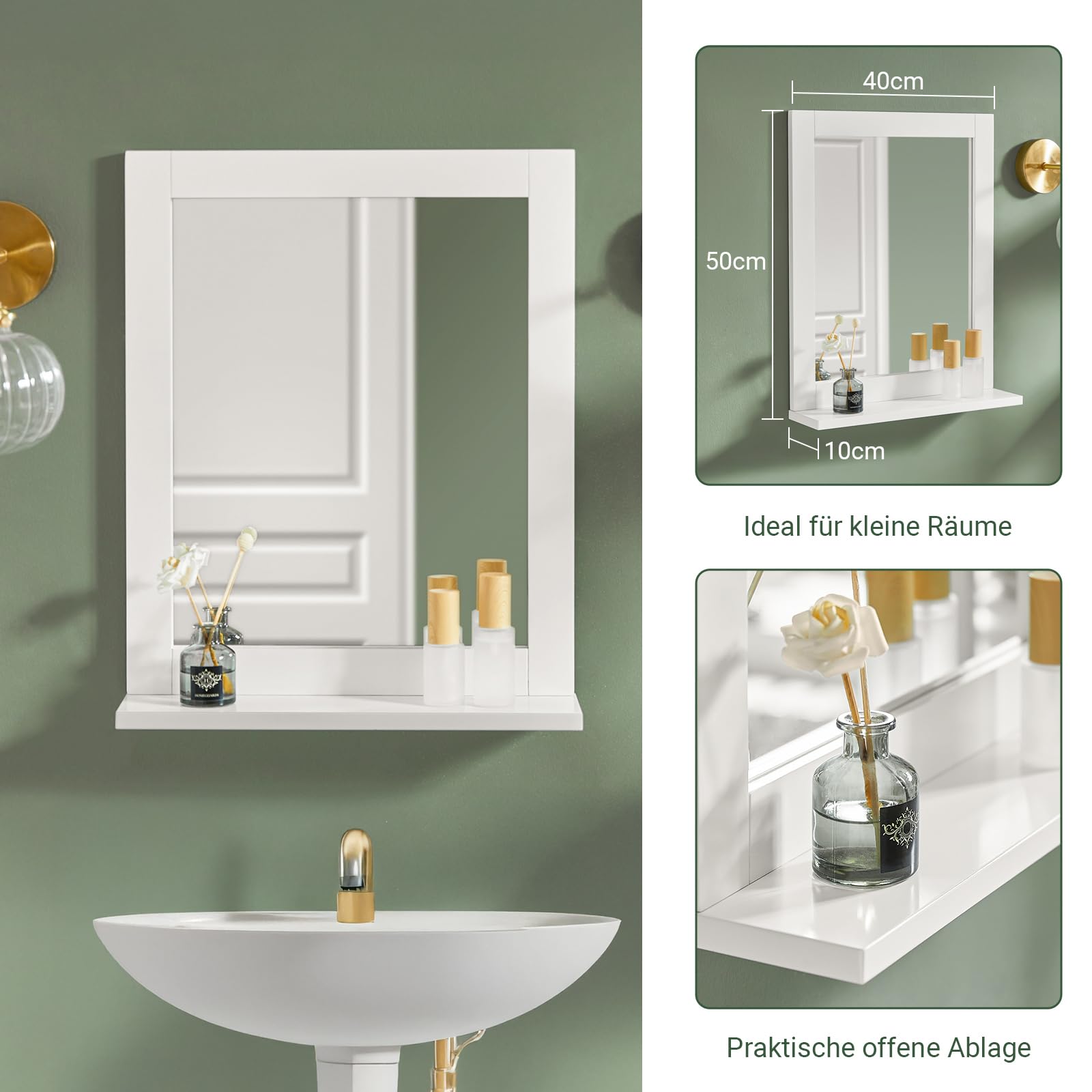 SoBuy Bad Hängeschrank mit Spiegel Wandregal Badschrank Hängend mit Ablage für Badezimmer Wandmontage Badspiegel Weiß 40x49x10cm FRG129-W