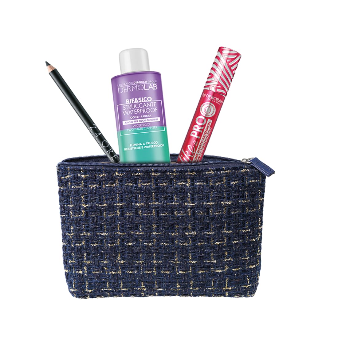 Deborah Milano - Set Make Up Occhi con Pochette N. 05, Idea Regalo Donna con Mascara Like a PRO, Matita Nera 24 Ore e Struccante Bifasico Dermolab 50ml, Pochette in Tessuto Tweed Blue Navy