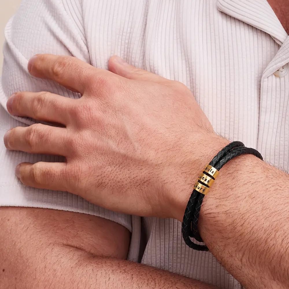 Personalized Choose Your Style Men Bracelet - Custom Inscriptions - Meaningful Gift for Him, Husband - Gift for Father's Day, Christmas, Birthday by - MYKA (Black Leather with Gold Vermeil Beads)