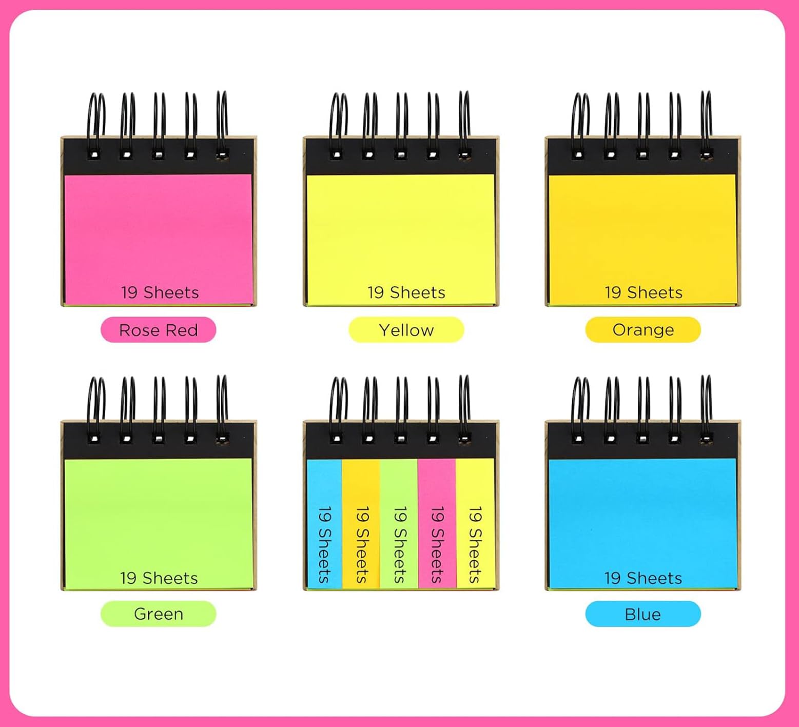 GLUN® 7x5cm Multicolored Self-Stick Note Pads, Fluorescent Paper Sticky Notes with Spiral Binding Portable Page with Markers Index Tabs, Home, Office, School Bookmarks Pack of 2 (Spiral Notepad A)