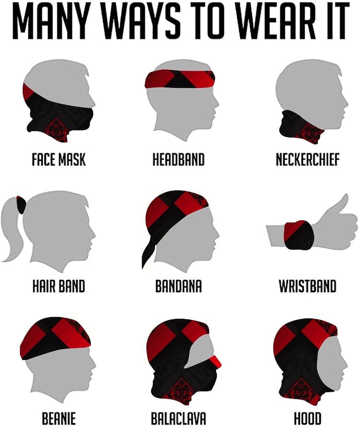 Red Black Bandana Soft Neck Breathable Headband Uv Protection Neck Gaiter Reversible Scarf Gaiter Double-Sided Head Scarf Multipurpose Headwear For Outdoor Running Hiking