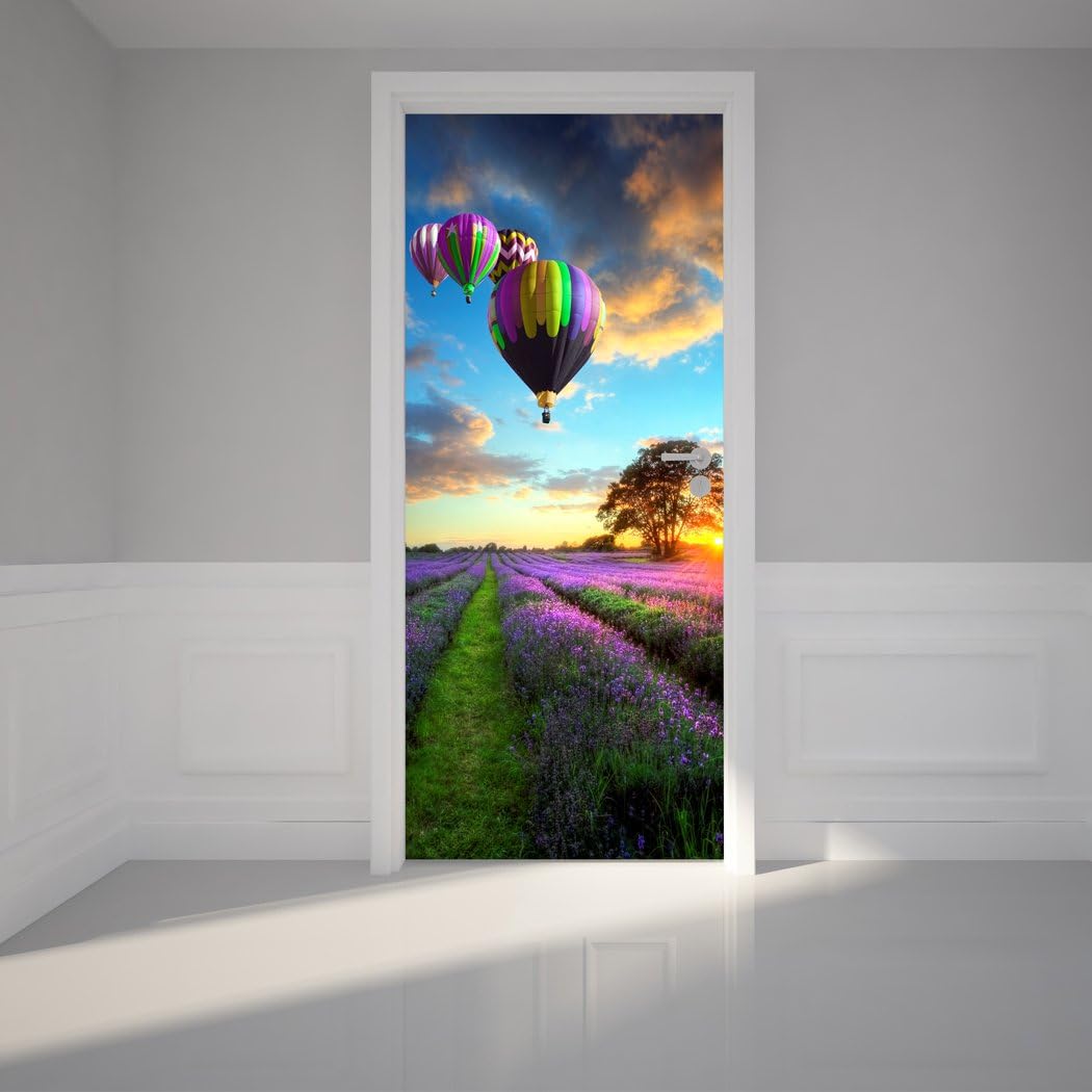 RoyalWallSkins Door Mural Wall Sticker Lavender Fields with hot air Balloons - Bubble Free Version, Semi-Glossy, Self Adhesive Peel & Stick Door Wrap (36 x 80)