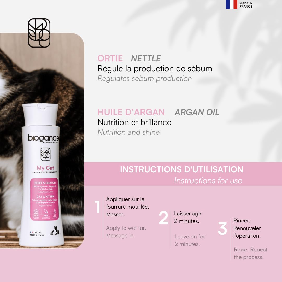 Biogance - Shampooing pour chat - My cat - 250 ml - A base d’ortie et d’huile d’argan - Convient à toutes races de chats